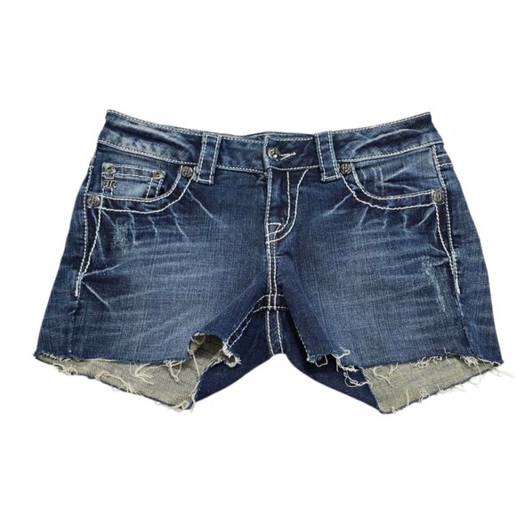 Miss Me Womens Blue Denim Cut Off Shorts Raw Hem Low‎ Rise 5 Pockets Size 26 - Picture 1 of 12